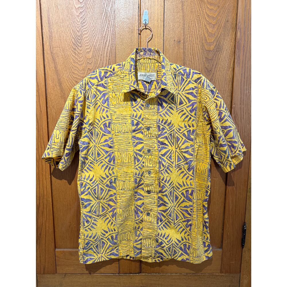 Johari West Yellow Purple Batik Button-Down Shirt Men’s Large 100% Cotton